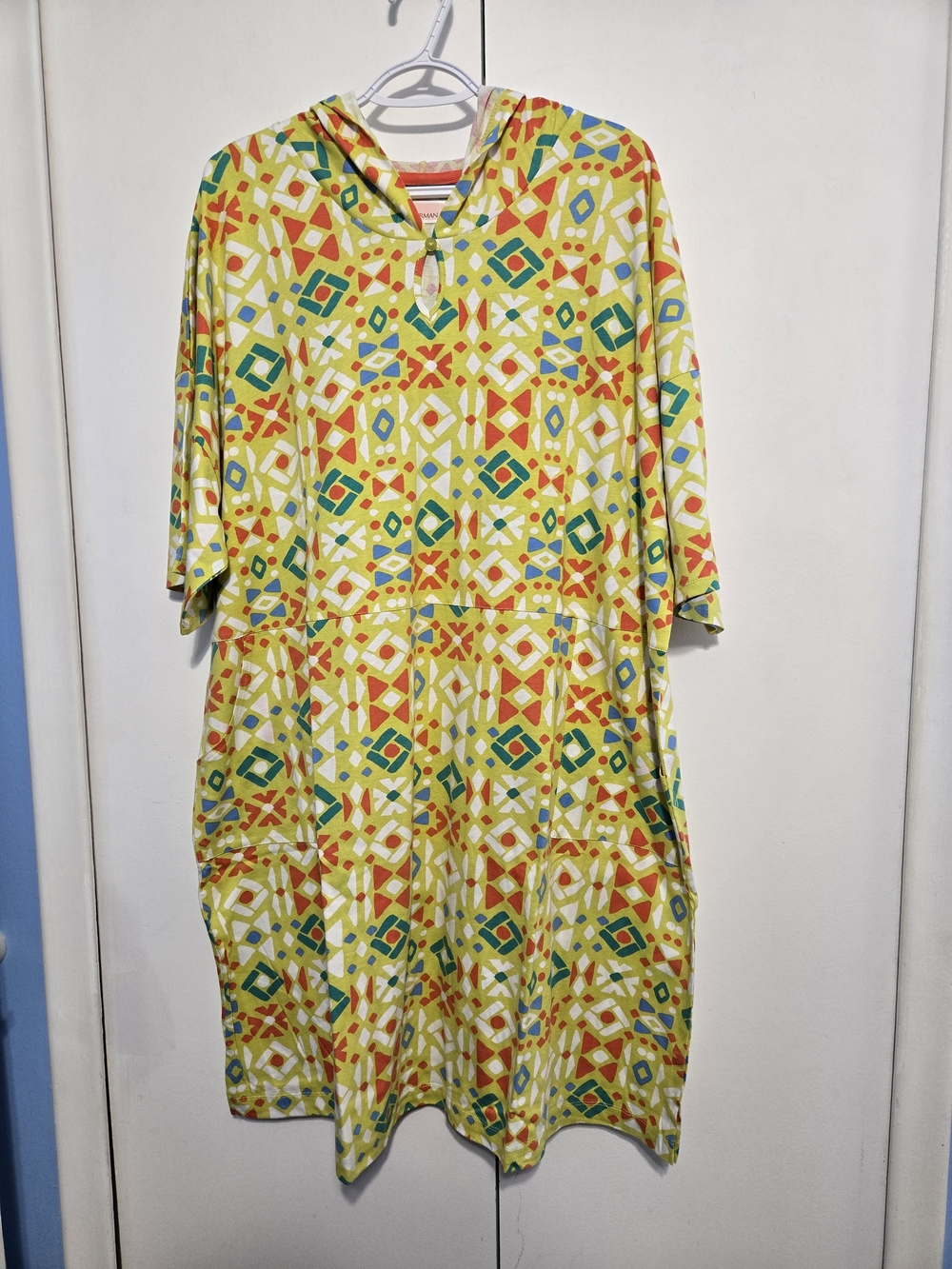 Stan Herman 2X Hooded Caftan Dress Colorful Geometric Cotton Pockets Plus